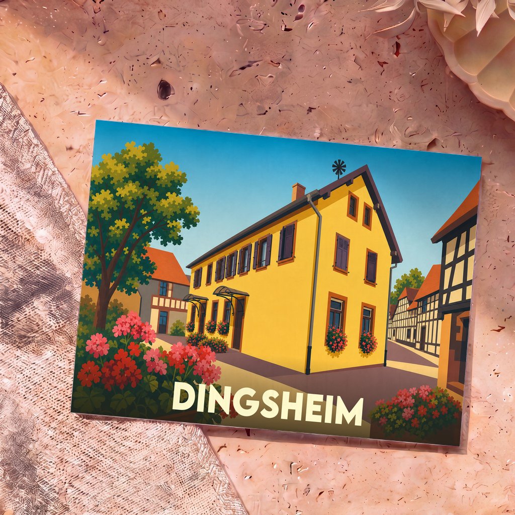 Carte postale souvenir de la ville de Dingsheim illustrant un paysage urbain coloré et stylisé.