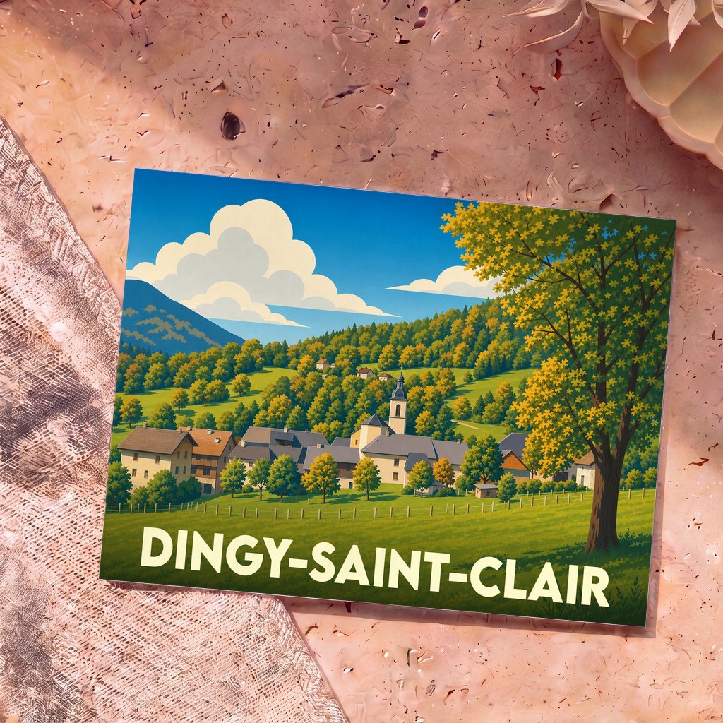 Carte postale souvenir de la ville de Dingy-Saint-Clair avec une illustration stylisée d'un village de montagne.
