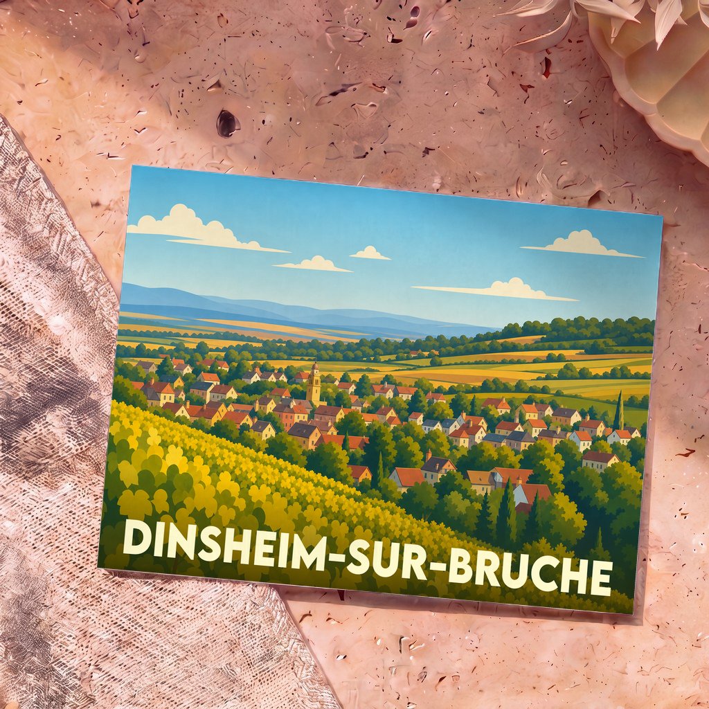 Carte postale souvenir de la ville de Dinsheim-sur-Bruche illustrant un paysage de village et de vignobles dans un style graphique épuré.