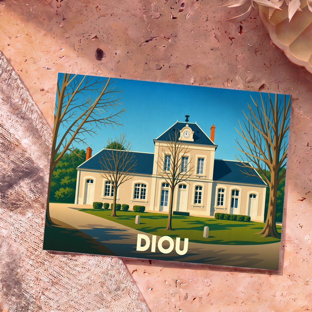 Carte postale souvenir de la ville de Diou avec une illustration stylisée de sa mairie sous un ciel bleu.