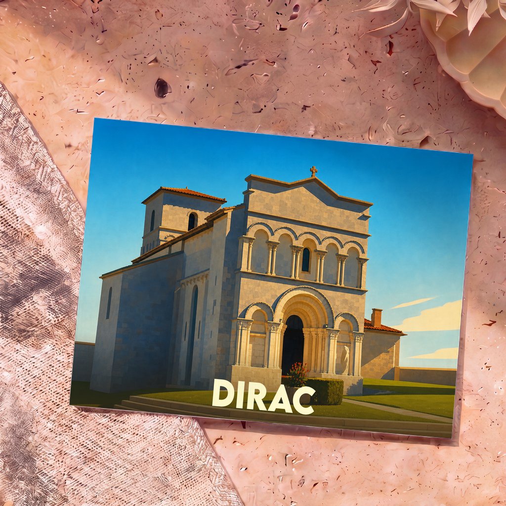 Carte postale souvenir de la ville de Dirac avec une illustration stylisée de son église romane.