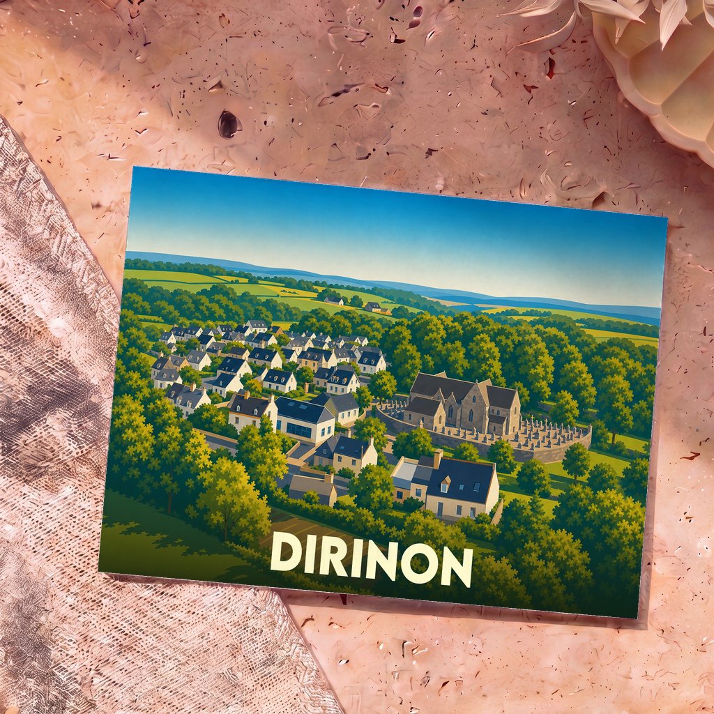 Carte postale souvenir de la ville de Dirinon avec une illustration stylisée montrant le village et son église nichés dans la verdure.