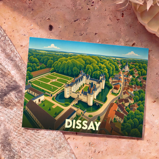 Carte postale souvenir de la ville de Dissay avec une illustration stylisée de son château et de ses jardins.