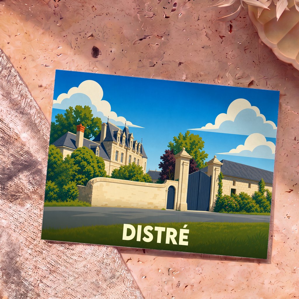 Carte postale souvenir de la ville de Distré avec une illustration stylisée d'un château et de ses jardins.
