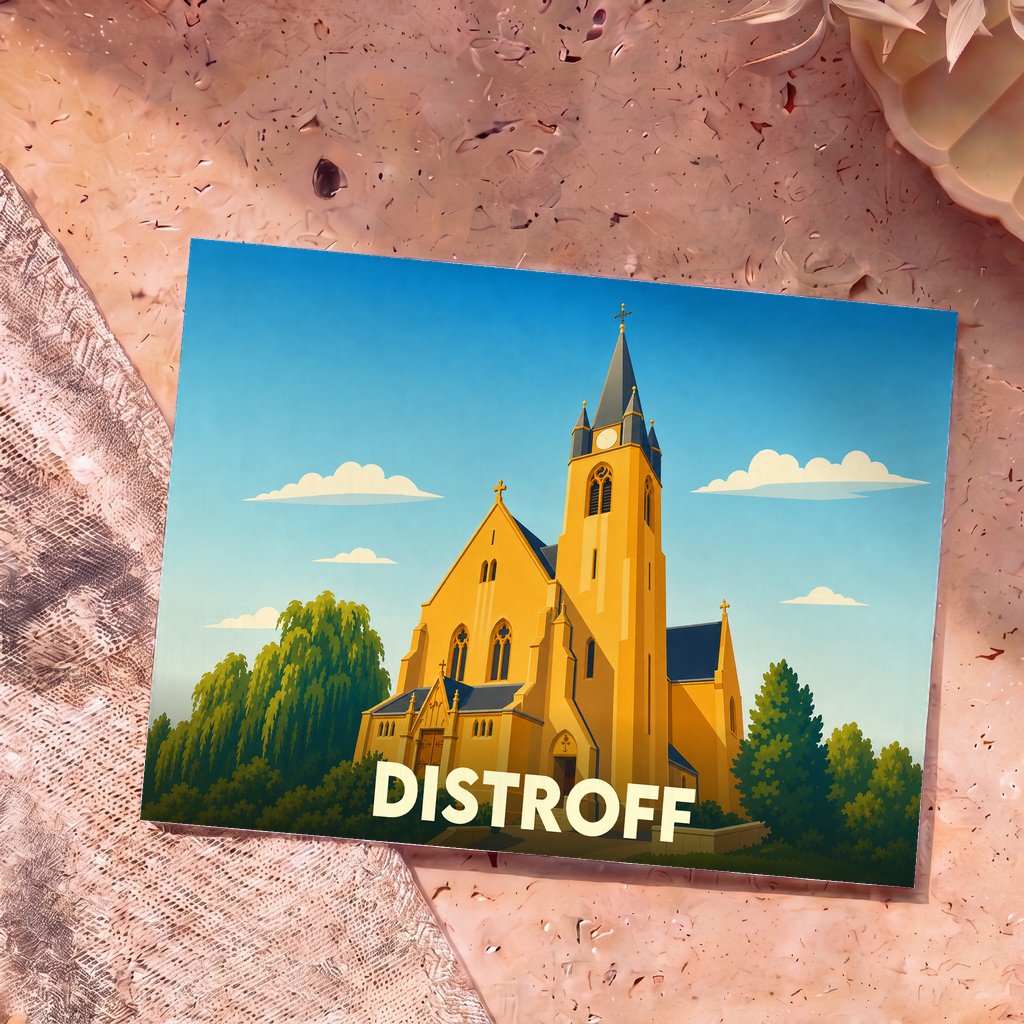 Carte postale souvenir de la ville de Distroff présentant une illustration stylisée de son église sous un ciel bleu.