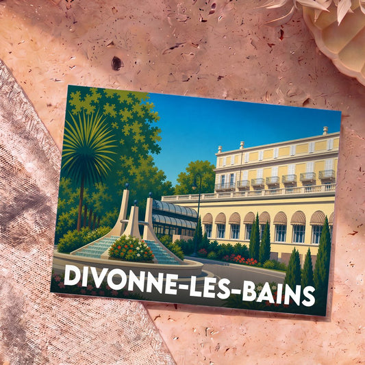 Carte postale souvenir de la ville de Divonne-les-Bains avec une illustration stylisée d'un bâtiment thermal et d'une fontaine.