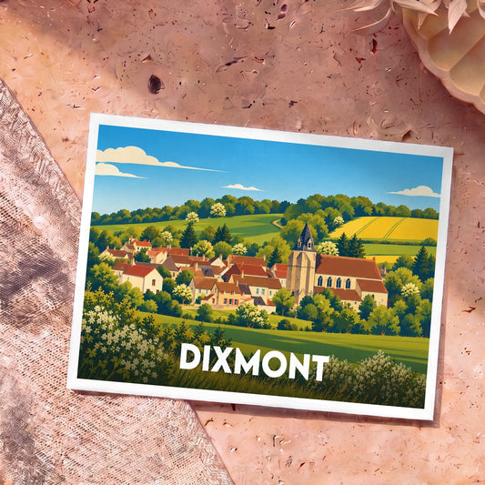 Carte postale souvenir de la ville de Dixmont avec une illustration stylisée de son église et de ses paysages vallonnés.