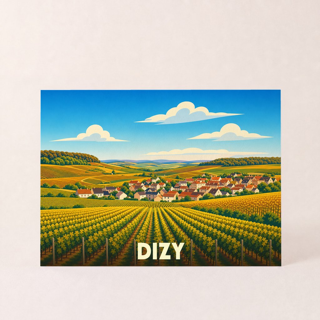 Carte postale souvenir de la ville de Dizy avec une illustration stylisée d'un village niché au cœur de vignobles vallonnés.