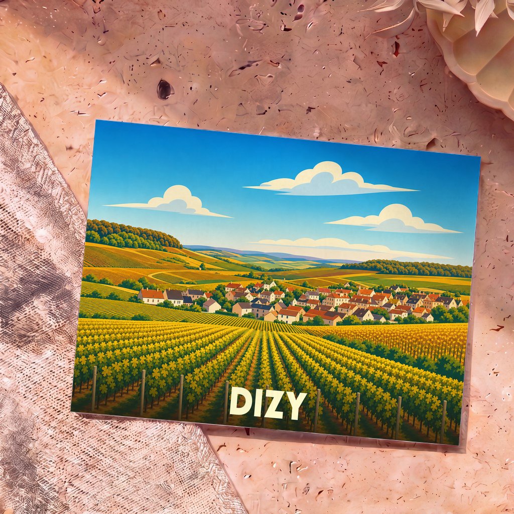 Carte postale souvenir de la ville de Dizy avec une illustration stylisée de ses vignobles et de son village.