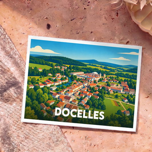 Carte postale souvenir de la ville de Docelles avec une illustration stylisée et colorée.
