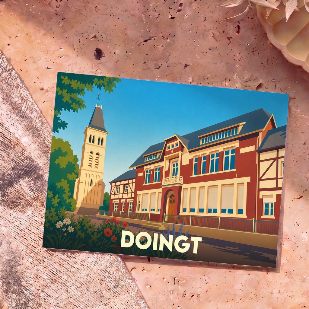 Carte postale souvenir de la ville de Doingt avec une illustration colorée de l'hôtel de ville et de l'église.