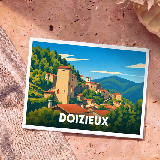 Carte postale souvenir de la ville de Doizieux illustrant son village perché dans un style graphique épuré.