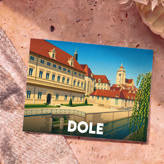 Carte postale souvenir de la ville de Dole illustrant ses bâtiments historiques au bord de l'eau dans un style graphique épuré.