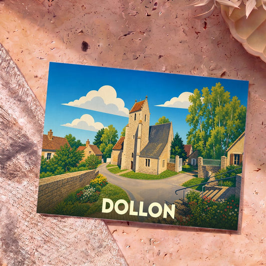 Carte postale souvenir de la ville de Dollon illustrant une église de village sous un ciel bleu.