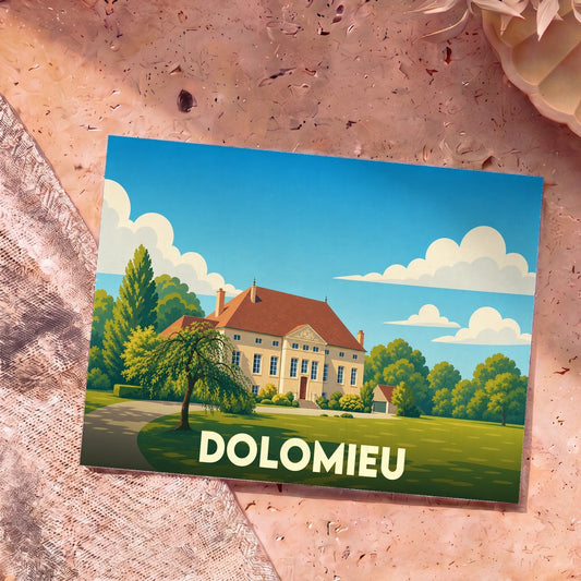 Carte postale souvenir de la ville de Dolomieu avec une illustration stylisée d'une grande demeure et de son jardin.