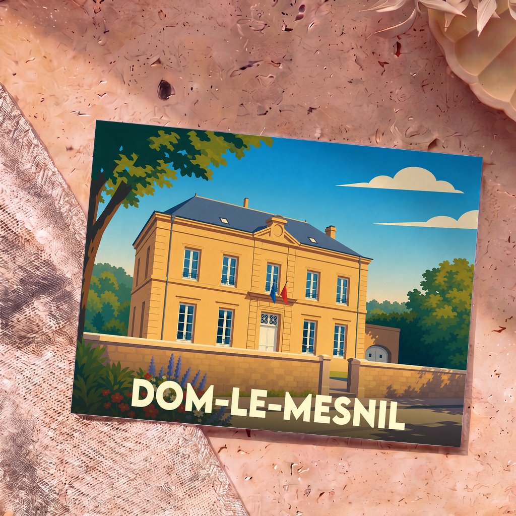 Carte postale souvenir de la ville de Dom-le-Mesnil avec une illustration stylisée de sa mairie.