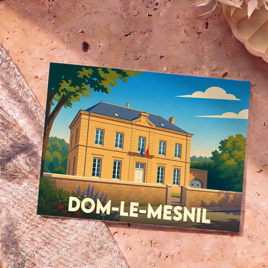 Carte postale souvenir de la ville de Dom-le-Mesnil avec une illustration stylisée de sa mairie.