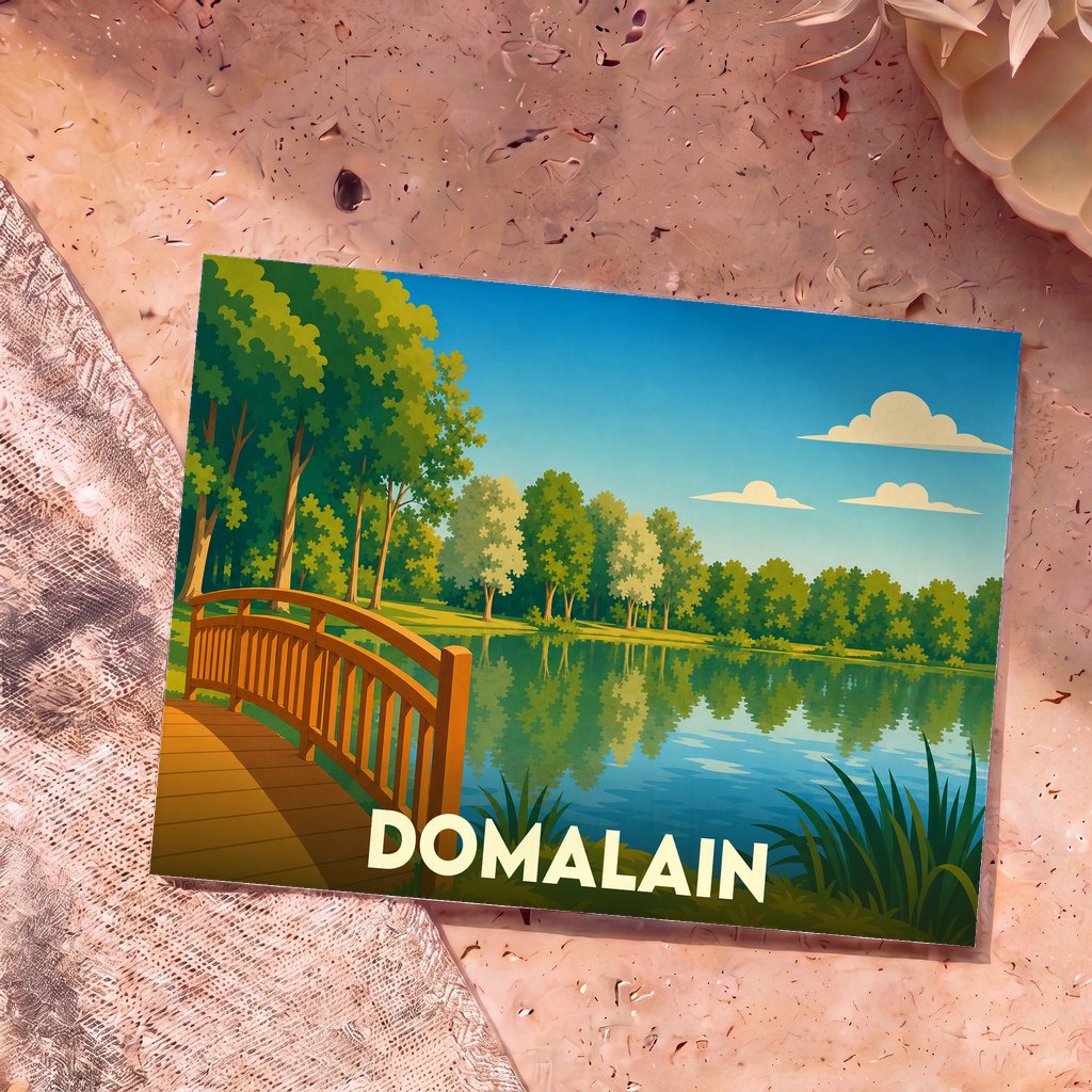Carte postale souvenir de la ville de Domalain avec une illustration stylisée d'un pont en bois au bord d'un lac.