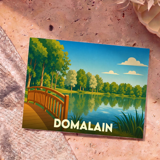 Carte postale souvenir de la ville de Domalain avec une illustration stylisée d'un pont en bois au bord d'un lac.