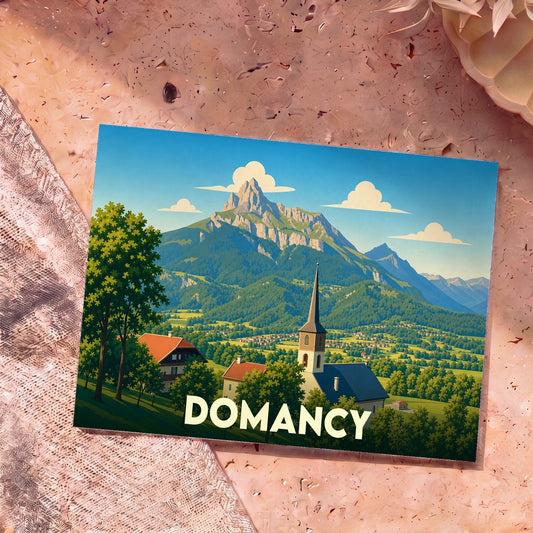 Carte postale souvenir de la ville de Domancy avec une illustration stylisée d'un village de montagne et de son église.