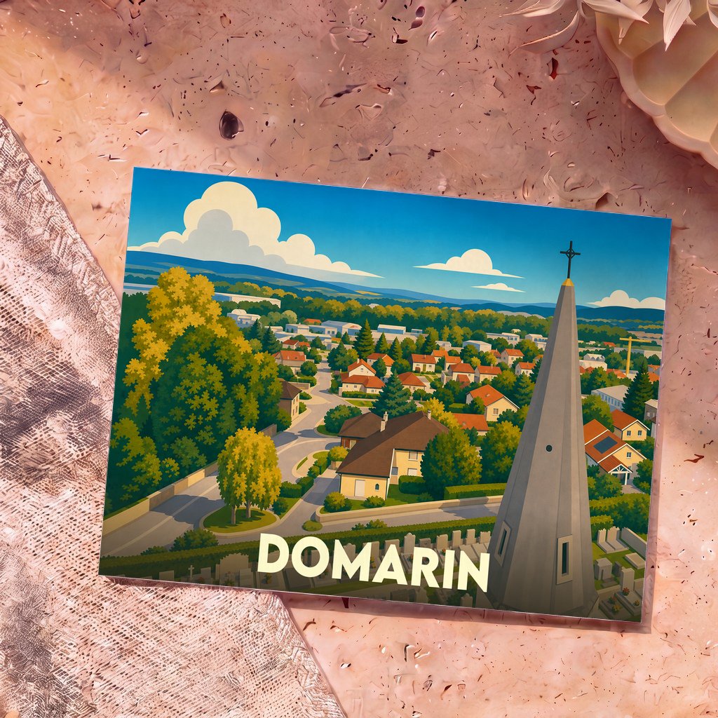 Carte postale souvenir de la ville de Domarin avec une illustration stylisée et colorée.