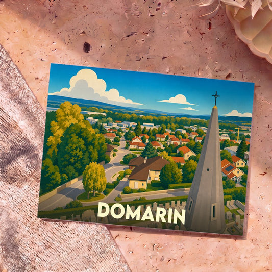 Carte postale souvenir de la ville de Domarin avec une illustration stylisée et colorée.