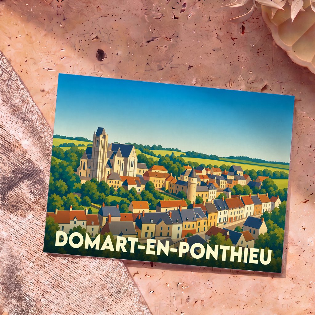 Carte postale souvenir de Domart-en-Ponthieu illustrant le village et son église dans un style graphique épuré.