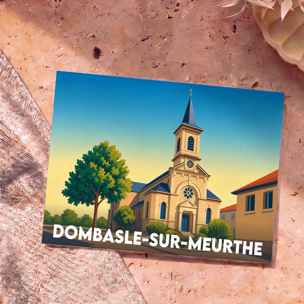 Carte postale souvenir de la ville de Dombasle-sur-Meurthe illustrant son église dans un style graphique épuré.