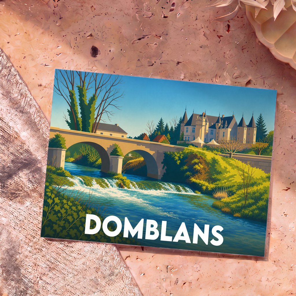 Carte postale souvenir de la ville de Domblans avec une illustration stylisée représentant son pont, sa rivière et son château.