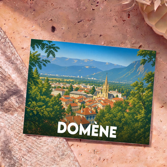 Carte postale souvenir de la ville de Domène avec une illustration stylisée des toits et des montagnes environnantes.