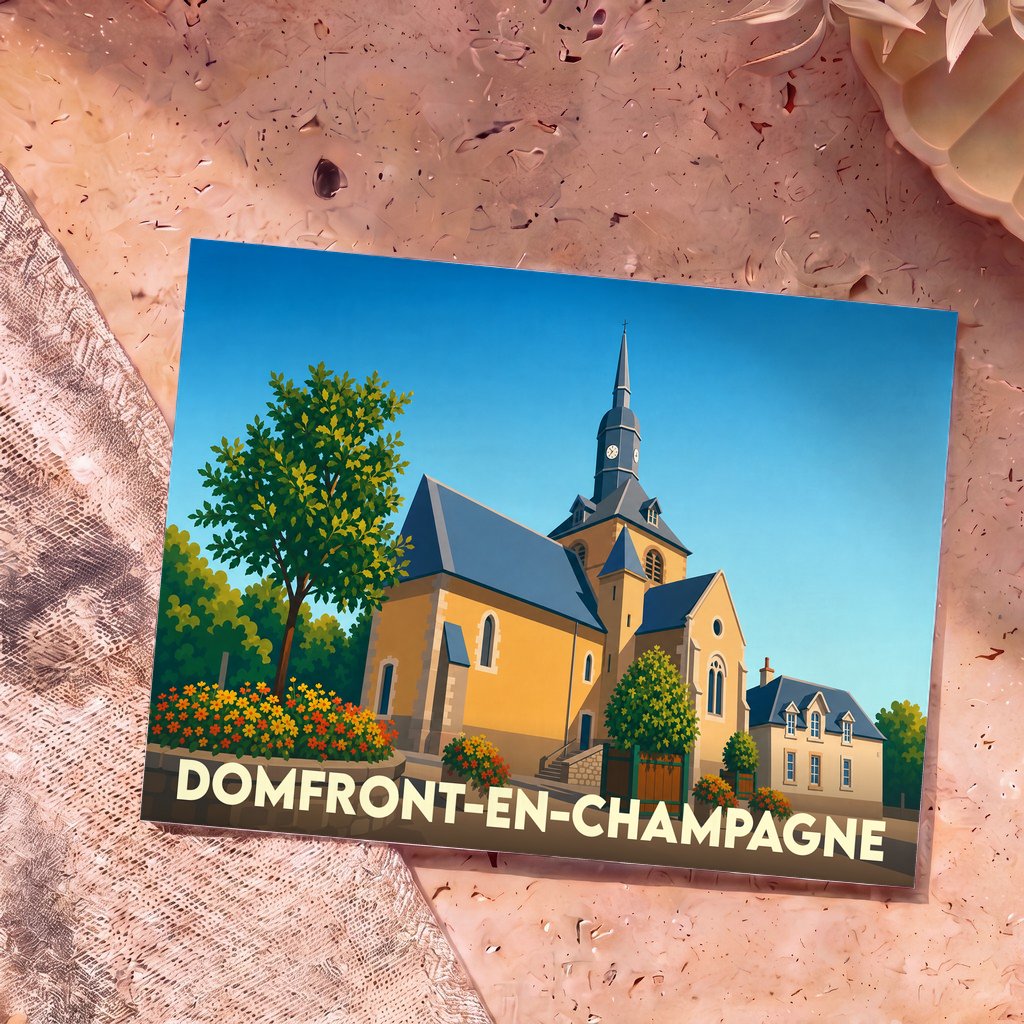 Carte postale souvenir de la ville de Domfront-en-Champagne avec une illustration stylisée de son église.