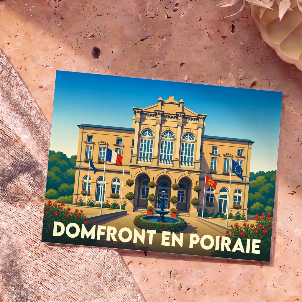 Carte postale souvenir de la ville de Domfront en Poiraie avec une illustration stylisée de son hôtel de ville.