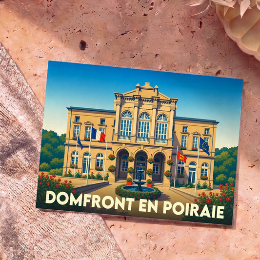 Carte postale souvenir de la ville de Domfront en Poiraie avec une illustration stylisée de son hôtel de ville.