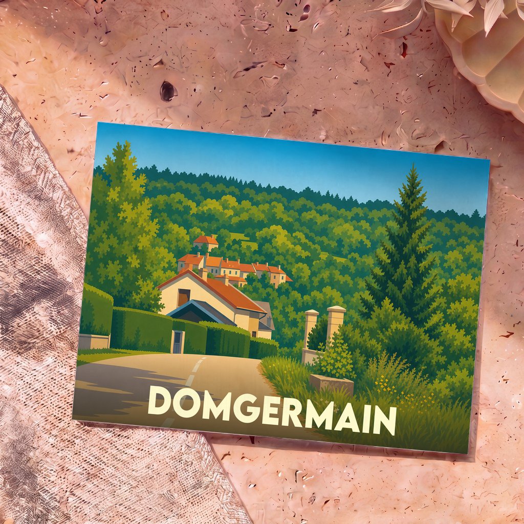 Carte postale souvenir de la ville de Domgermain avec une illustration stylisée et colorée de ses paysages.