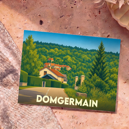 Carte postale souvenir de la ville de Domgermain avec une illustration stylisée et colorée de ses paysages.
