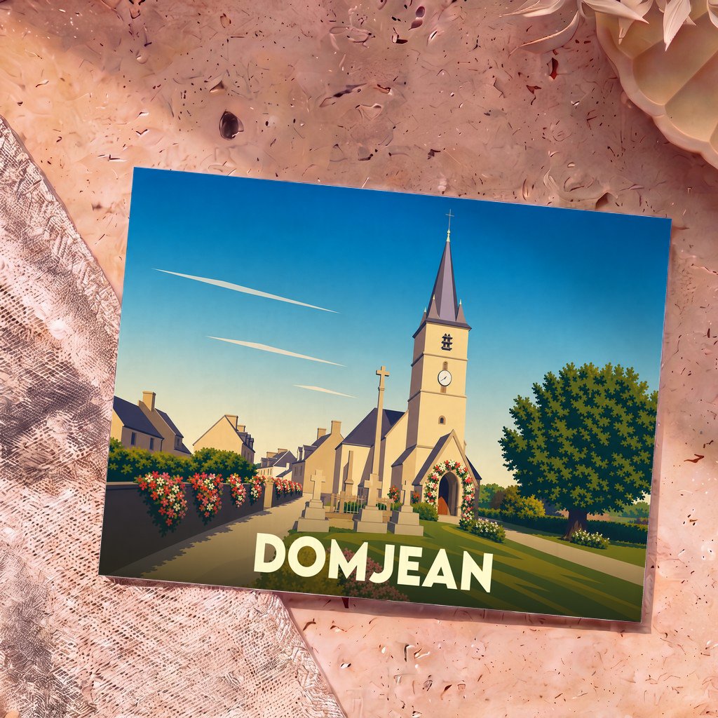 Carte postale souvenir de la ville de Domjean avec une illustration stylisée de son église et de son cimetière.