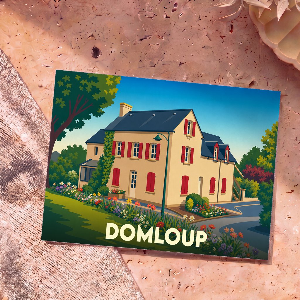 Carte postale souvenir de la ville de Domloup avec une illustration stylisée d'une maison traditionnelle fleurie.