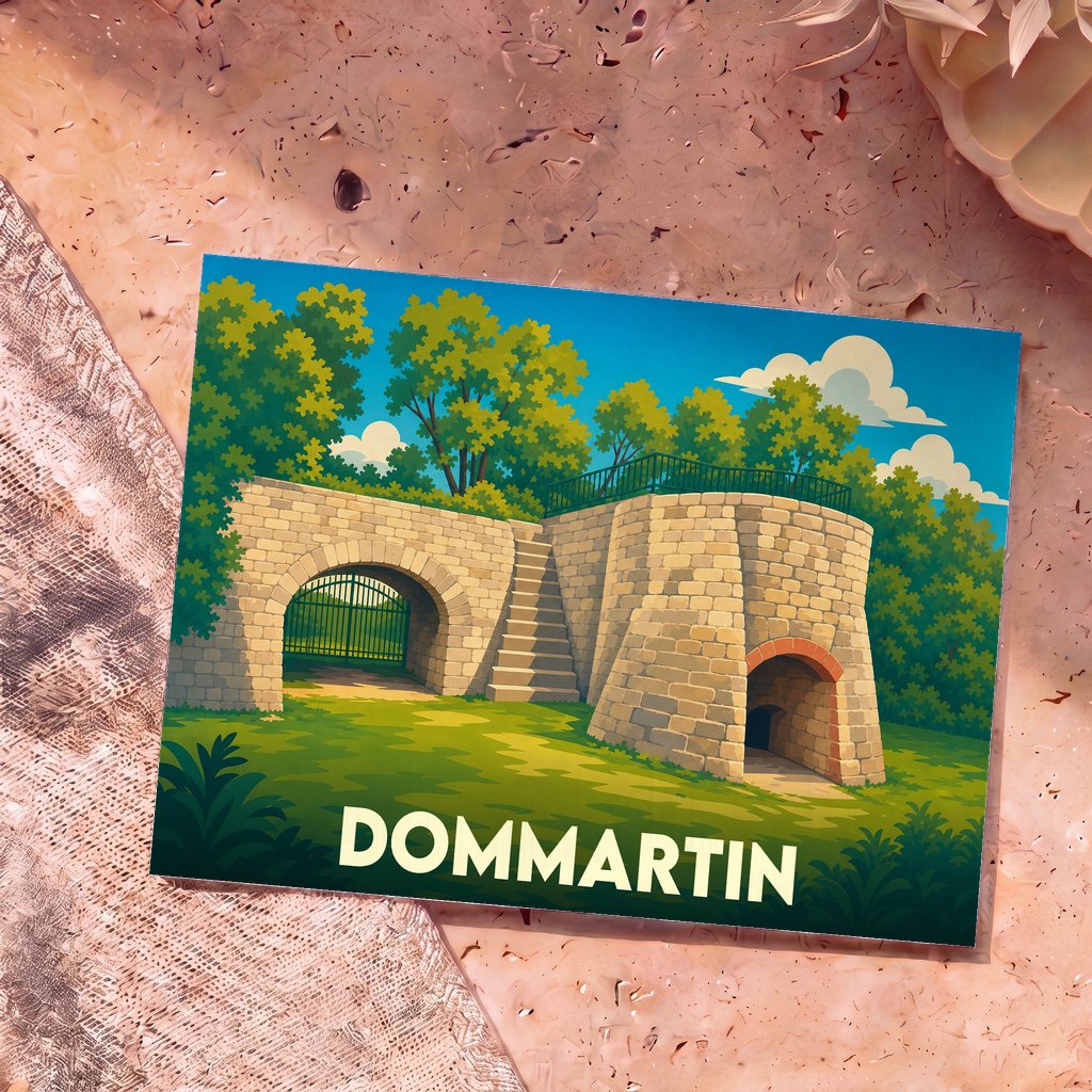 Carte postale souvenir de la ville de Dommartin illustrant une ancienne structure en pierre entourée de verdure.
