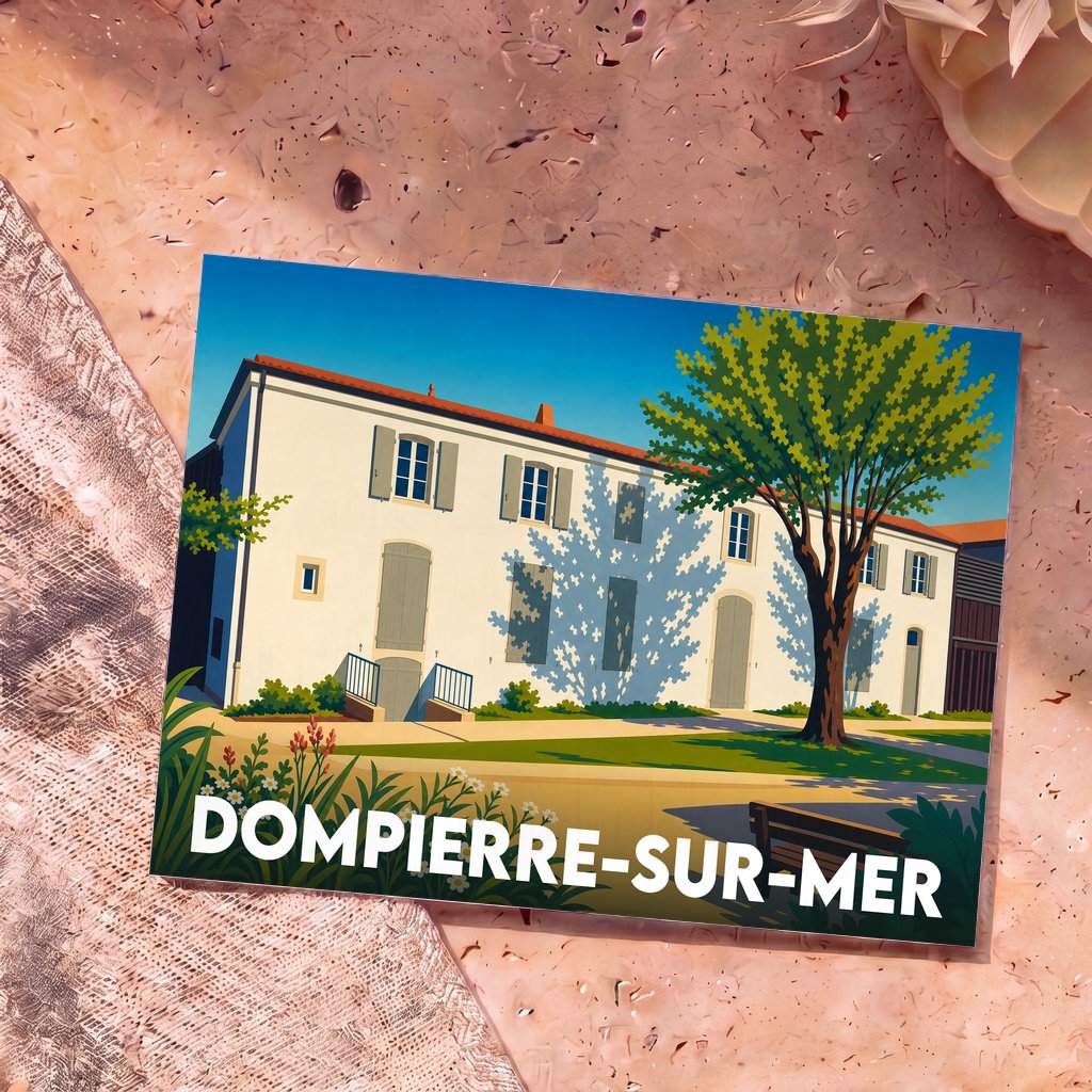 Carte postale souvenir de la ville de Dompierre-sur-Mer avec une illustration stylisée d'une maison charentaise traditionnelle.