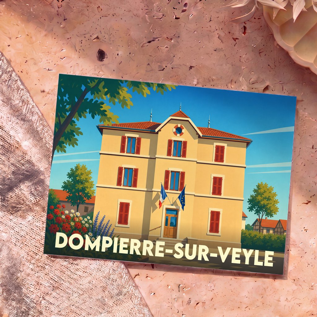 Carte postale souvenir de la ville de Dompierre-sur-Veyle avec une illustration stylisée de sa mairie.