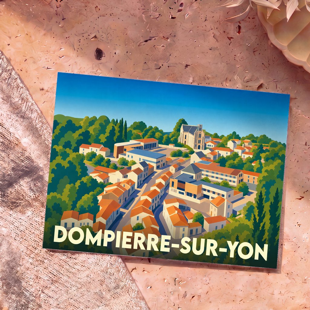 Carte postale souvenir de Dompierre-sur-Yon illustrant le village dans un style graphique épuré et coloré.