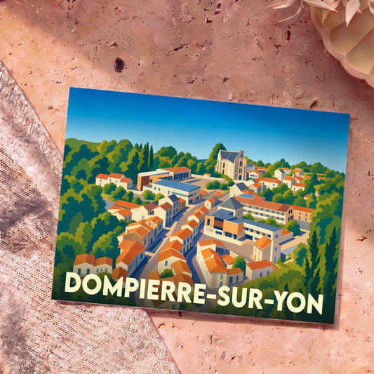 Carte postale souvenir de Dompierre-sur-Yon illustrant le village dans un style graphique épuré et coloré.
