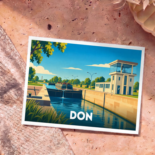 Carte postale souvenir de la ville de Don avec une illustration stylisée de son écluse.