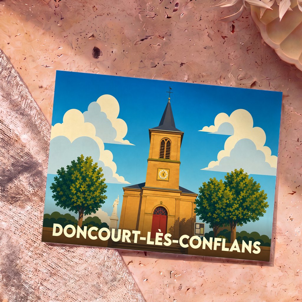 Carte postale souvenir de la ville de Doncourt-lès-Conflans avec une illustration stylisée de son église.