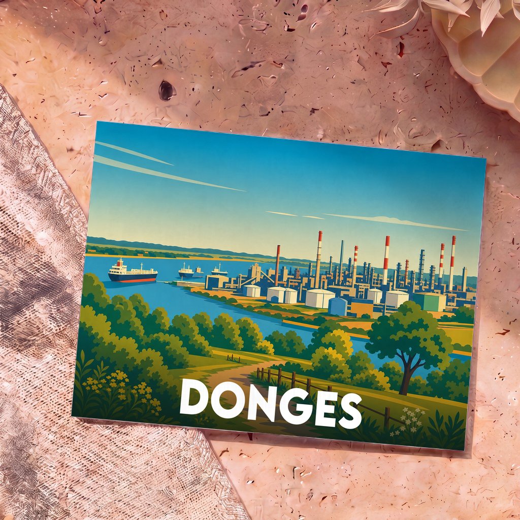 Carte postale souvenir de la ville de Donges avec une illustration stylisée de son paysage industriel et de la Loire.