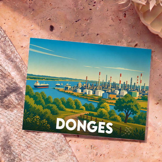 Carte postale souvenir de la ville de Donges avec une illustration stylisée de son paysage industriel et de la Loire.