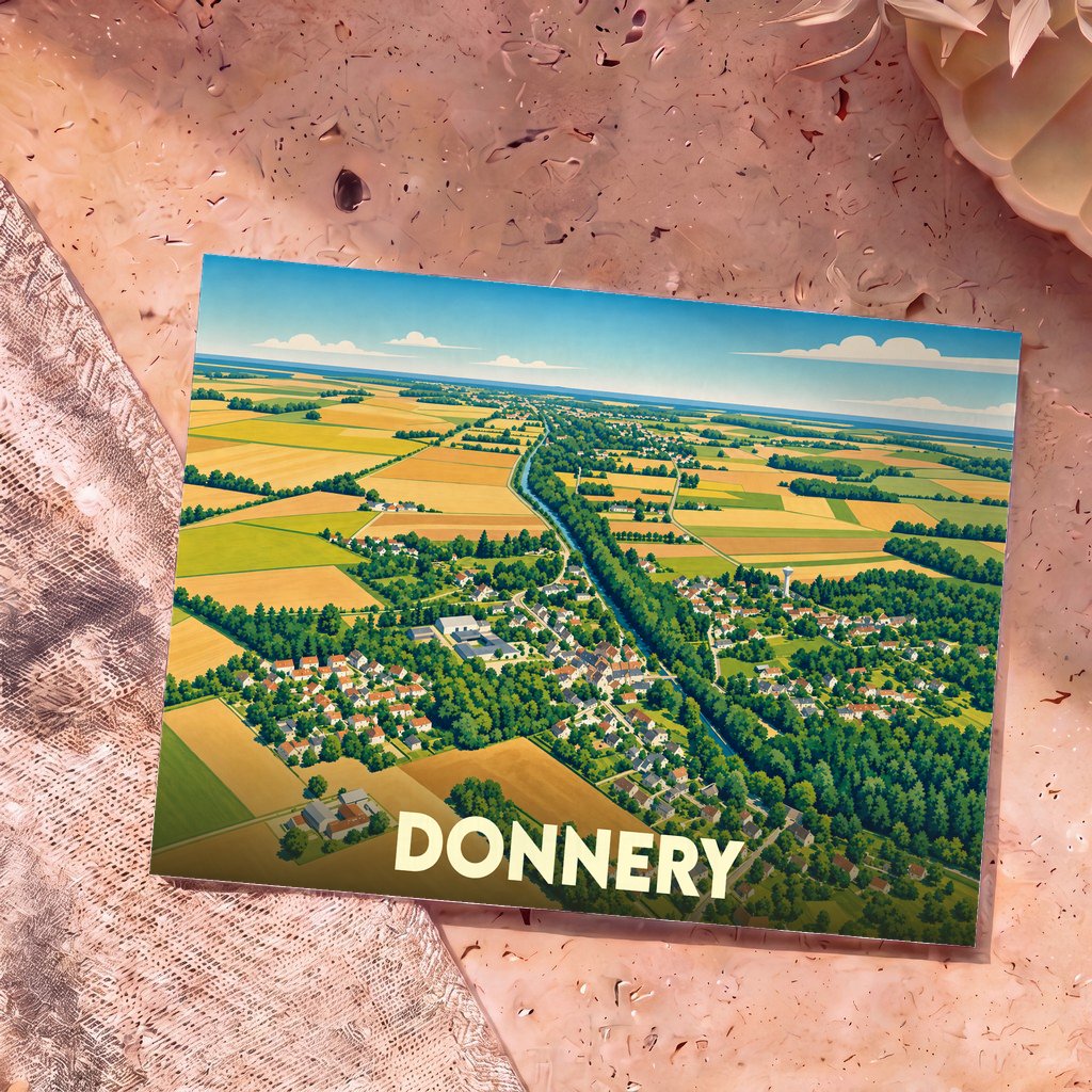 Carte postale souvenir de la ville de Donnery présentant une vue aérienne illustrée de ses paysages et habitations.