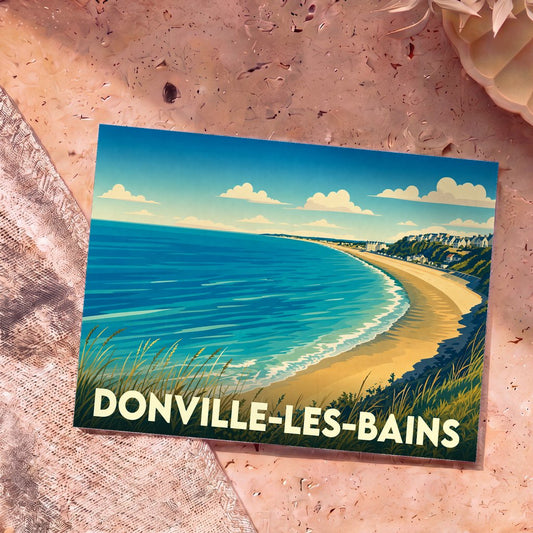 Carte postale souvenir de la ville de Donville-les-Bains avec une illustration stylisée de sa plage et du bord de mer.