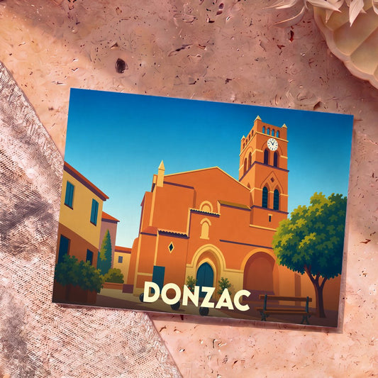 Carte postale souvenir de la ville de Donzac avec une illustration stylisée de son église et de sa place.