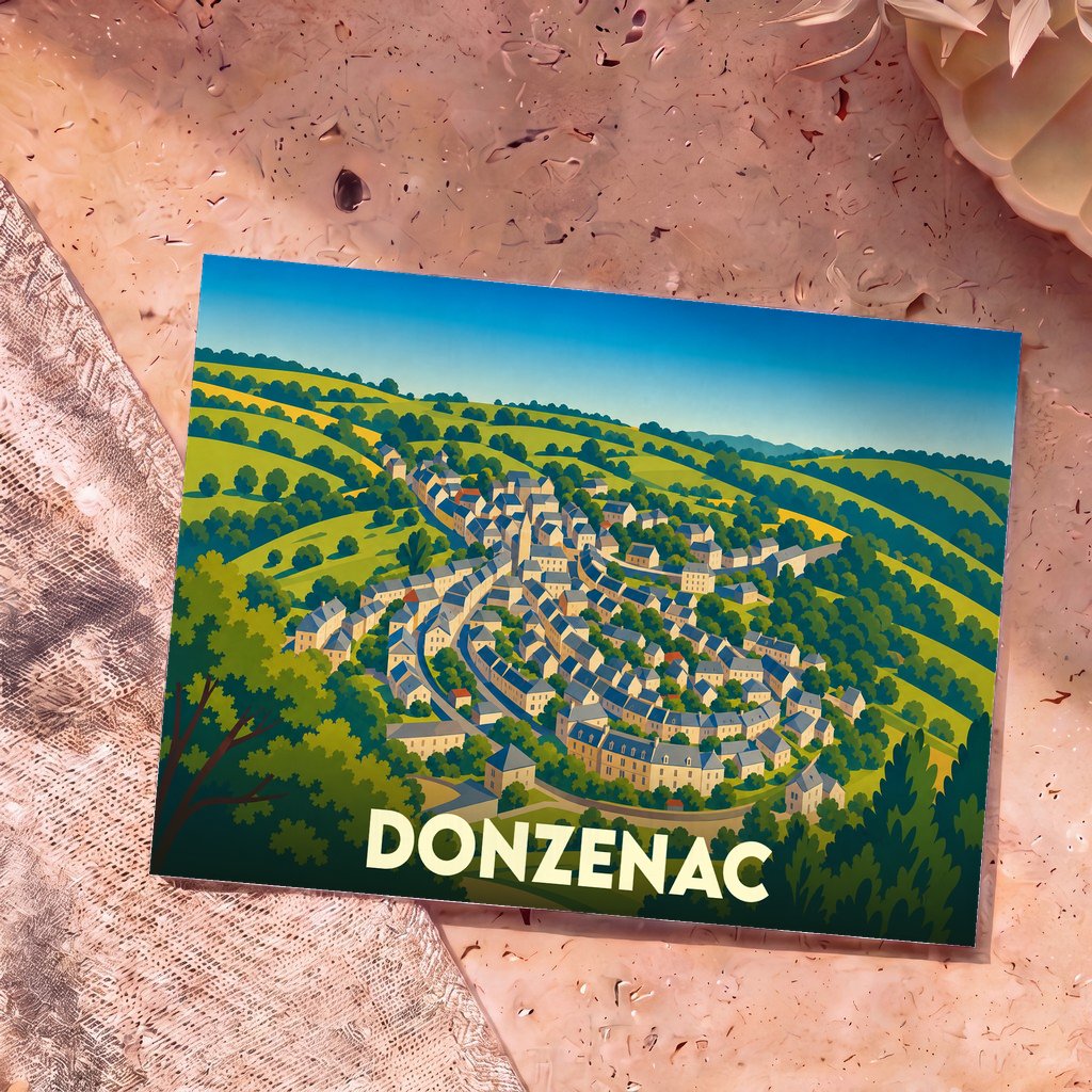 Carte postale souvenir de la ville de Donzenac avec une illustration stylisée et colorée de ses maisons à flanc de colline.